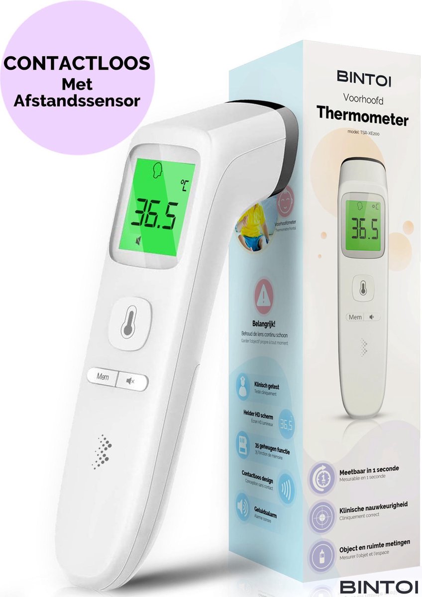 Bintoi® XE200 - Digitale Infrarood Thermometer voorhoofd - Temperatuurmeter - Koortsthermometer voor volwassenen en baby's – Thermometer Lichaam Bintoi® XE200 - Digitale Infrarood Thermometer voorhoofd - Temperatuurmeter - Koortsthermometer voor volwassenen en baby's – Thermometer Lichaam