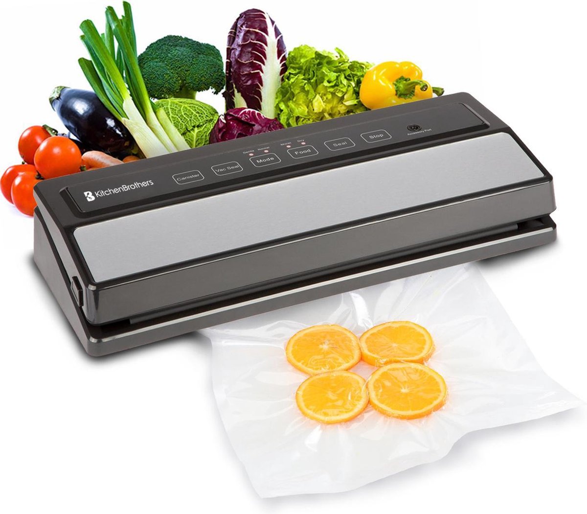 KitchenBrothers Vacumeermachine - Vacuüm Sealer Keuken Apparaat - Met Folie Rol (200 cm), Zakken (5x) en Vacuümslang - 4 Standen - Machine Geschikt voor Groente / Vlees / Vis / Wijn Pomp / Eten / Sous Vide - Zwart