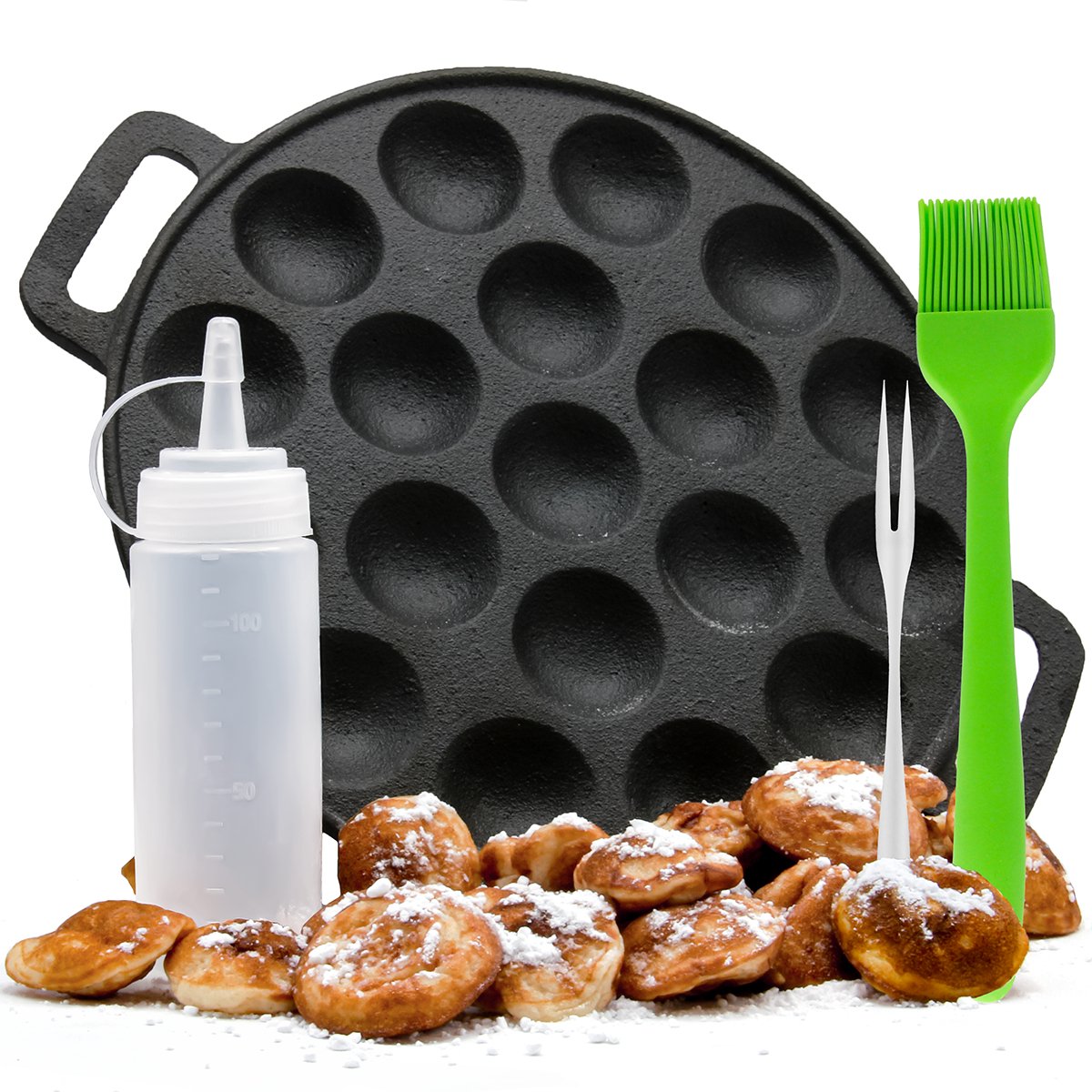 AWEMOZ Poffertjespan Set - Incl.  Doseerfles, kwast en vork - Poffertjesmaker 19 Poffertjes - Spuitfles - Cadeau voor Mannen en Vrouwen