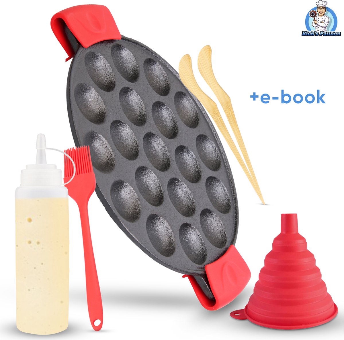 Rick's Pannen - Poffertjespan - 19 Poffertjes - Siliconen Handgrepen - Doseerfles - Siliconen Bakkwast - Bamboe Prikkers – E-book - Gietijzer - 24cm doorsnee