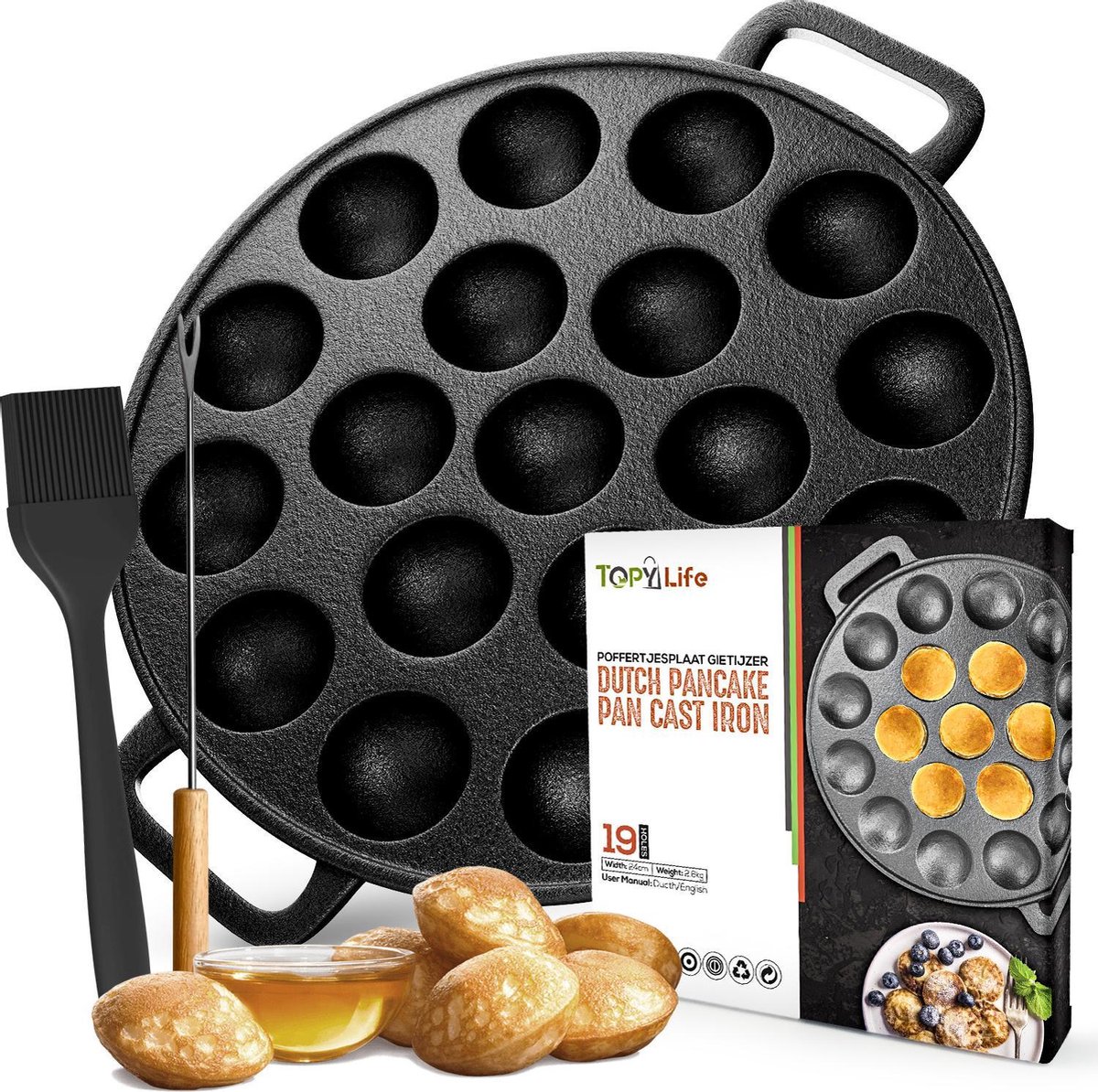 Topylife® Poffertjespan - Gietijzeren poffertjesplaat - 19 poffertjes - Platte onderkant -Ook voor inductie-Poffertjesmaker- Zwart