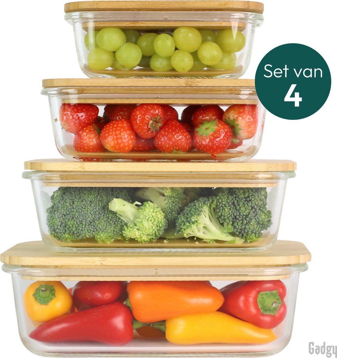 Gadgy Glazen Vershoudbakjes - 4 Bakjes met Deksel - Meal Prep - Diepvries : Magnetron : Oven : Vaatwasser bestendig Gadgy Glazen Vershoudbakjes - 4 Bakjes met Deksel - Meal Prep - Diepvries / Magnetron / Oven / Vaatwasser bestendig