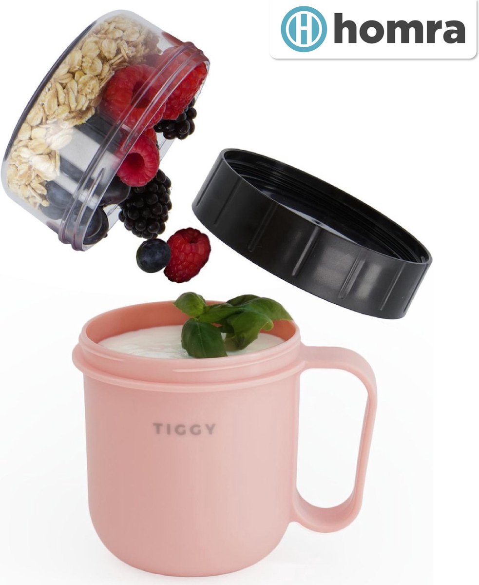 Homra Yoghurt beker to go TIGGY Pink - Soepbeker To Go 750 ml - Muesli beker met Handvat - Yoghurtbeker To Go 2 compartimenten - Roze - Magnetron, Diepvries, Vaatwasser bestendig - Lekvrij - Back to School

