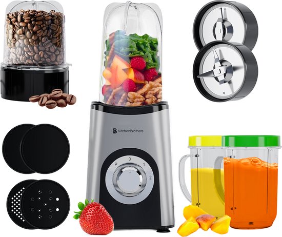 KitchenBrothers Smoothie Blender - 2-in-1 - Blender to Go - 4 Bekers - Smoothie Maker To Go - Mini Blender - Zilver KitchenBrothers Smoothie Blender - 2-in-1 - Blender to Go - 4 Bekers - Smoothie Maker To Go - Mini Blender - Zilver