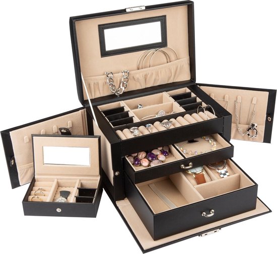 LifeGoods Sieradendoos XL - Juwelendoos - 20 Vakken - Zwart/Beige review